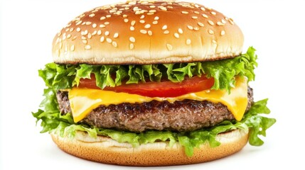 Juicy cheeseburger with lettuce, tomato, and melted cheese water color, isolated on white background