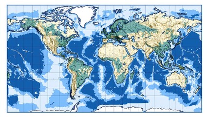 Relief map of the world showing land elevation and ocean depth; educational resource