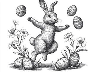 Easter bunny joyful rabbit dancing among decorated Easter eggs and spring flowers, drawn in an engraved, woodcut style sketch engraving generative ai raster. Scratch board. Black and white image.