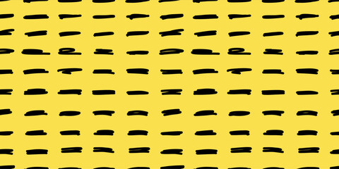Seamless abstract pattern with hand drawn black brushstrokes on a yellow background. Modern artistic texture, minimalistic and trendy design for fabric, branding, wallpaper, packaging, and prints