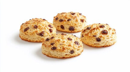Four raisin scones, baked goods, studio shot, white background, food photography