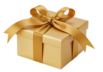 Obraz premium A luxurious gold gift box wrapped with a shiny satin ribbon and finished with an elegant bow isolated on transparent background