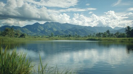 Naklejka premium Serene Mountain Pond Landscape, Reflecting Clouds