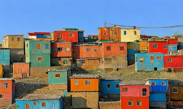 Camera raising above the poor people houses , favela 