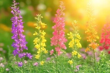 Obraz premium Larkspur blooms dancing in the light, a vibrant tapestry of color