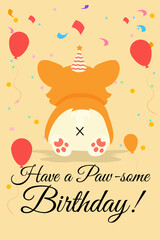 Joyful corgi celebrating with balloons and confetti. Ideal for birthday cards, party invitations, pet events, festive banners, kids’ decor