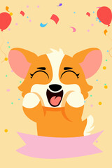 Joyful corgi celebrating with balloons and confetti. Ideal for birthday cards, party invitations, pet events, festive banners, kids’ decor