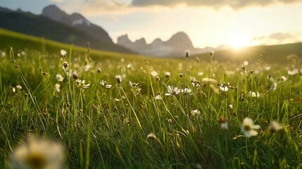  A lush meadow dotted with blooms, framed by towering peaks shrouded in clouds