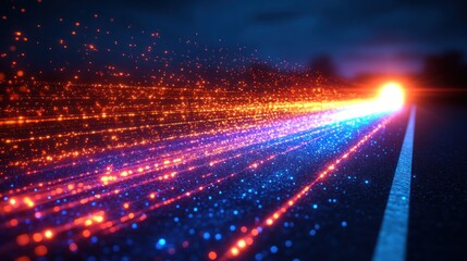 Obraz premium Speed, light trails, road, sunset, digital, abstract, motion, future, technology, concept