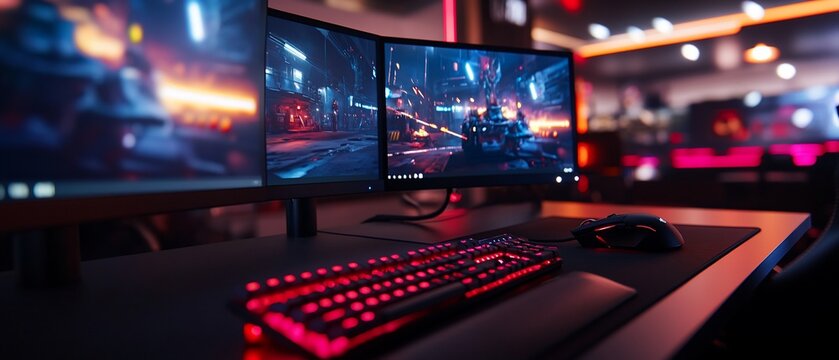 Gamer plays futuristic game on triple monitors in cyber cafe