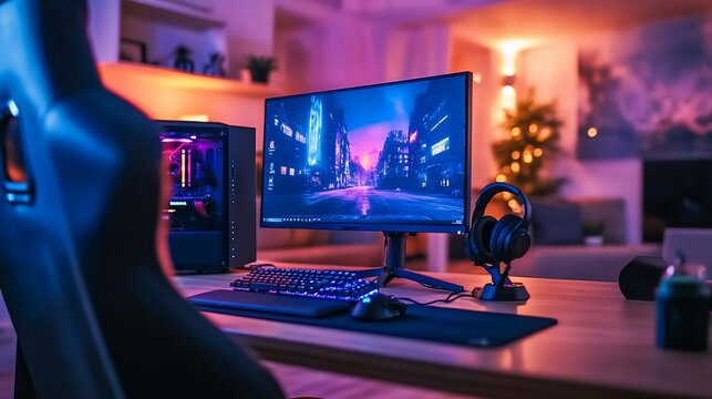Gamer plays game at home, neon lights, cozy setup