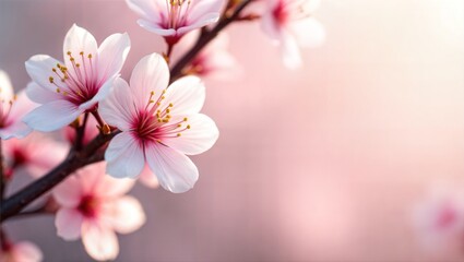 Delicate pink cherry blossoms on a branch against a soft, dreamy background. A beautiful symbol of spring.
