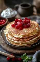 Russian blini pancakes on the table with sour cream and jam