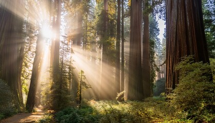 Obraz premium sunbeams shine through a foggy redwood forest in california at sunset