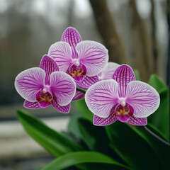 Close-up of vibrant purple orchids blooming, symbolizing beauty, elegance, and serenity. A perfect moment of nature&rsquo;s charm in a peaceful environment.