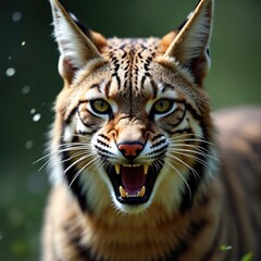 Obraz premium Fierce wild snarling, showing teeth. Closeup predator animal with yellow eyes, threatening face. Dangerous carnivore intimidating wildcat in natural outdoor setting. Mammal predator hunting in forest.