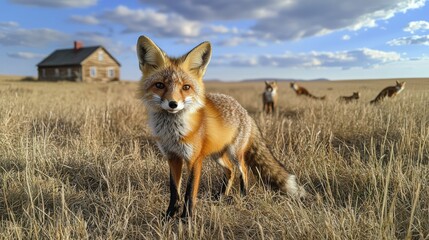 A red fox stands in a field of tall grass, other foxes in the background near a rustic cabin.  The scene is bathed in the warm light of a late afternoon sun.