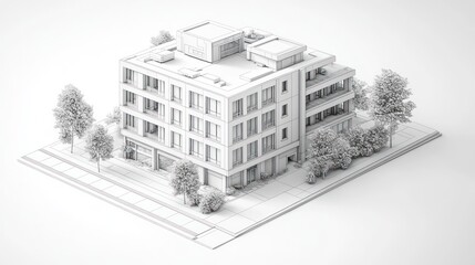 Wireframe model of a modern apartment building with trees and sidewalk.