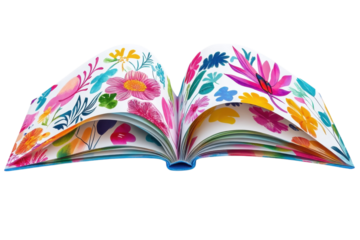 Colorful floral design book with vibrant pages showcasing various flowers and plants in a bright, artistic arrangement