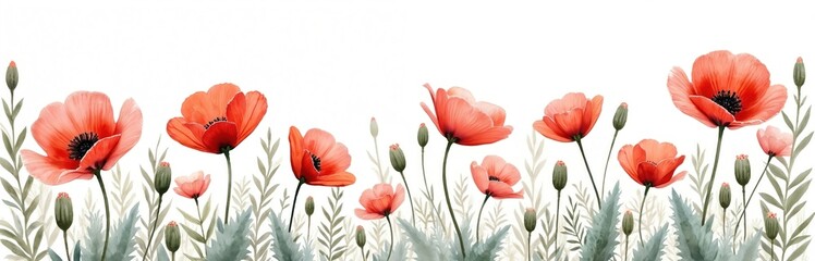 Watercolor red poppy flowers illustration. Hand drawn design border. Blossom composition isolated on white background. Summer floral meadow card with poppies, buds, leaves, romantic field botany.