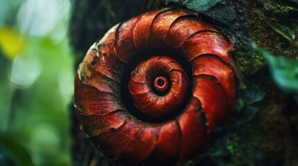 Spiral Nature: Close-Up of Intricate Red Nautical Element in Lush Forest