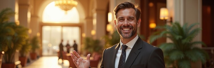 Smiling hotel manager welcomes visitors in suit in upscale interior. Successful businessman at reception represents hospitality, customer service industry. Corporate man demonstrates luxury service