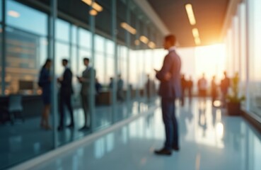 Blurred office scene featuring business people in casual wear. Bokeh background adds depth. Promotes teamwork, communication, tech in corporate settings. Abstract space with sunlight. Great for