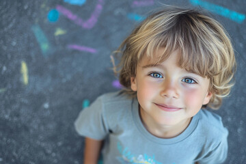 Adorable Child Drawing with Colorful Chalk on Asphalt During a Bright Summer Day, Generative AI