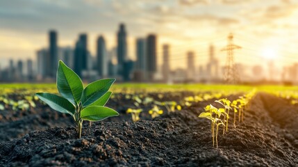 Young plant growing in field with city skyline.