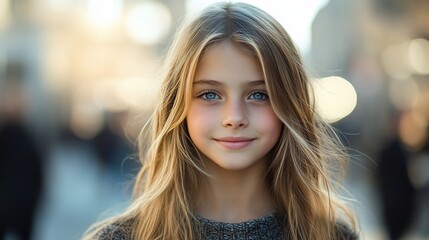 Obraz premium Girl, smiling, city street, bokeh background, portrait