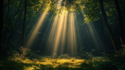 Obraz premium Sunbeams illuminate forest floor, nature background