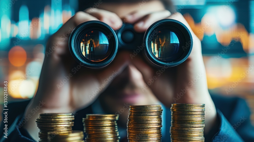 Poster Man using binoculars, focusing on stacks of coins.