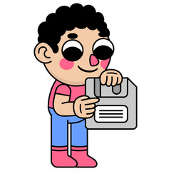 cute kid holding a floppy disk