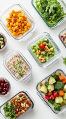 Brightly colored meals showcase an array of healthy ingredients in glass containers, featuring fresh vegetables, grains, and fruits that inspire balanced eating