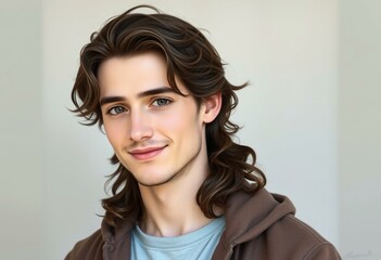 Fototapeta premium Portrait of a man with long hair and a subtle smile
