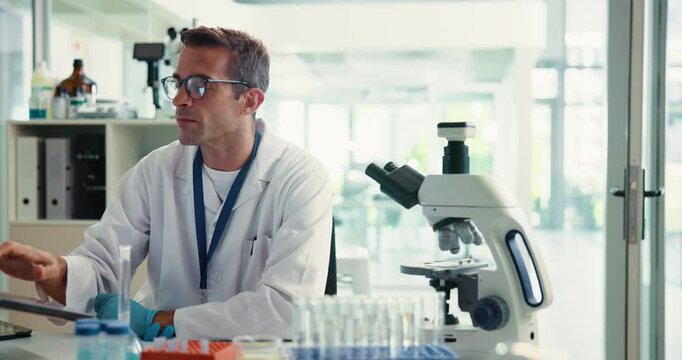 Science, scientist and man with laptop, lab and medical research for test results or data collection. Healthcare, person and investigation for cure of HIV infection, online and tech for treatment
