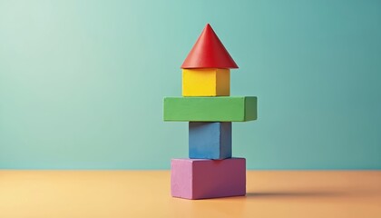Colorful geometric wooden toy blocks stacked in balance isolated on bright background. Educational play concept. Child development and creativity. Stacking tower made of primary color blocks shapes.