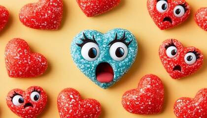 Blue and red heart candies are showing expressions on yellow background