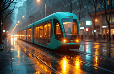 Obraz premium Turquoise tram rides on rails along city street in rain. Modern public transport, electric vehicle promotes sustainable mobility, reduces traffic. Commuting in city with zero emissions.