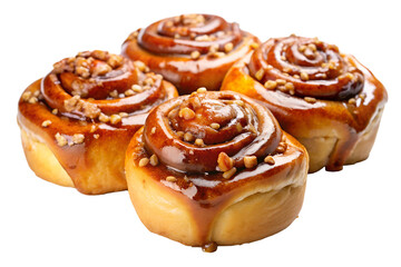 Caramel Glazed Cinnamon Rolls Topped with Chopped Nuts, Perfect for Dessert or Breakfast, Isolated on Transparent Background