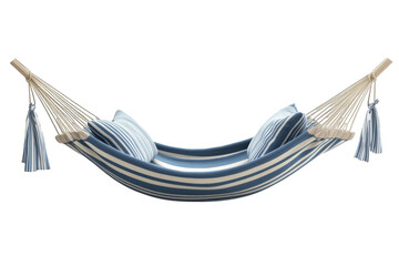 Comfortable blue and white striped hammock with pillows, perfect for relaxation and lounging in any outdoor setting