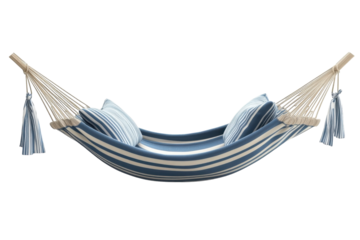 Comfortable blue and white striped hammock with pillows, perfect for relaxation and lounging in any outdoor setting