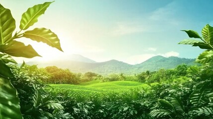 Lush coffee plantation, sunrise, mountains, vibrant green landscape