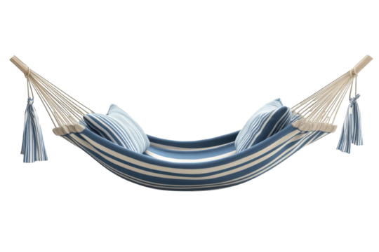 Comfortable blue and white striped hammock with pillows, perfect for relaxation and lounging in any outdoor setting
