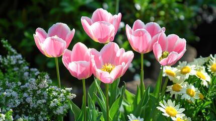Obraz premium Vibrant pink tulips and daisies in blooming garden setting