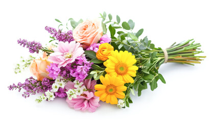 Obraz premium Vibrant flower bouquet with roses, daisies, and purple blooms on white background