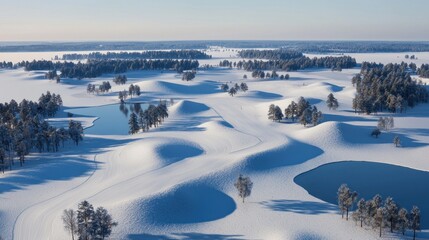 Obraz premium Snowy Winter Golf Course Landscape Aerial View