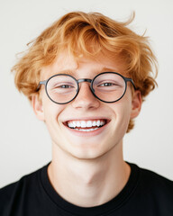 Fototapeta premium Blond boy in glasses, smiling with clean teeth, perfect teeth. To advertise dentistry. Highlighted on a white background