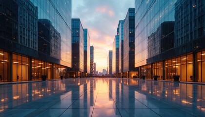 Fototapeta premium Modern office buildings row with sleek glass facade epitomizes contemporary architecture. Commercial property reflects city sunset. Urban skyline downtown district. Real estate investment backgrounds.