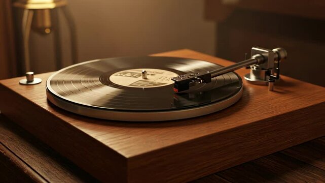 A vintage turntable with a vinyl record playing softly